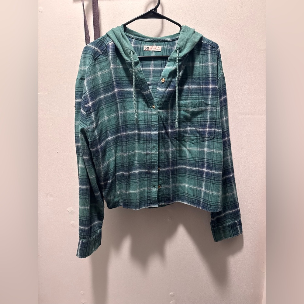 SO Green and Blue Plaid Hoodie - Picture 1 of 3